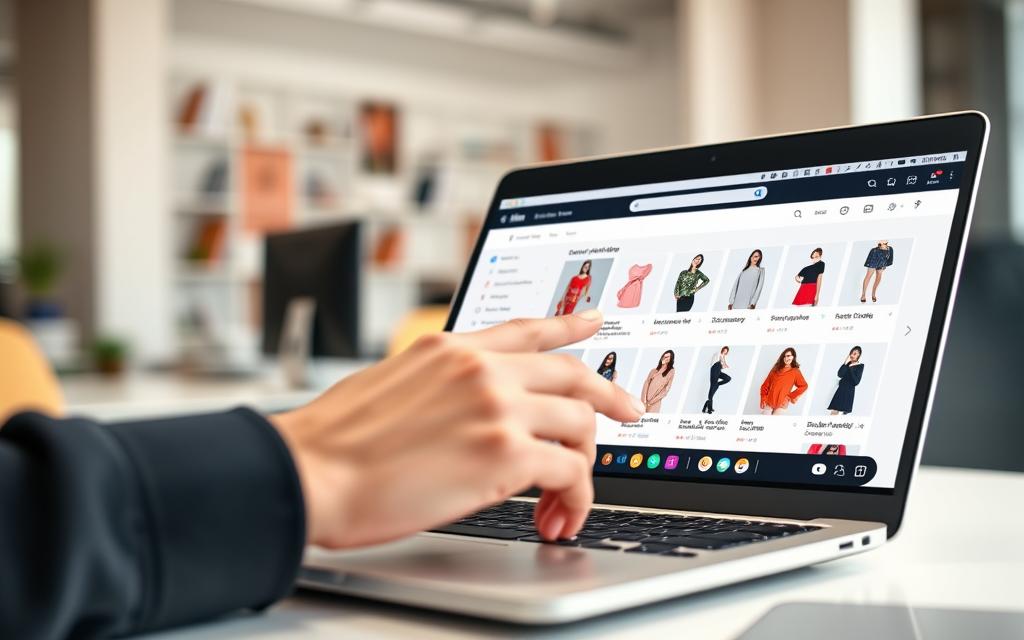 A bustling online marketplace, Shein's interface is displayed on a sleek laptop screen. In the foreground, a user's hand interacts with the screen, tapping and swiping through various small "missions" such as writing reviews, sharing products, and browsing the extensive catalog. The middle ground showcases the Shein app's clean, minimalist design, with colorful product images and icons. In the background, a blurred office setting suggests a productive, professional atmosphere. The lighting is soft and natural, creating a warm, inviting tone. The overall scene conveys the ease and efficiency of completing Shein's daily tasks to earn rewards. A bustling online marketplace, Shein's interface is displayed on a sleek laptop screen. In the foreground, a user's hand interacts with the screen, tapping and swiping through various small "missions" such as writing reviews, sharing products, and browsing the extensive catalog. The middle ground showcases the Shein app's clean, minimalist design, with colorful product images and icons. In the background, a blurred office setting suggests a productive, professional atmosphere. The lighting is soft and natural, creating a warm, inviting tone. The overall scene conveys the ease and efficiency of completing Shein's daily tasks to earn rewards.