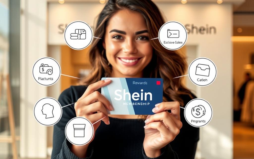 A modern, vibrant image showcasing the key benefits of the Shein Rewards Program. In the foreground, a stylish young woman proudly displays her Shein membership card, smiling confidently. Behind her, a collage of icons illustrates the program's rewards: discounts, exclusive sales, loyalty points, and more. The background features a clean, minimalist design with subtle Shein branding elements, conveying a sense of sophistication and brand affinity. Warm, natural lighting illuminates the scene, creating a welcoming and aspirational atmosphere. The overall composition emphasizes the program's value proposition and the appeal of engaging with the Shein brand through its rewards system. A modern, vibrant image showcasing the key benefits of the Shein Rewards Program. In the foreground, a stylish young woman proudly displays her Shein membership card, smiling confidently. Behind her, a collage of icons illustrates the program's rewards: discounts, exclusive sales, loyalty points, and more. The background features a clean, minimalist design with subtle Shein branding elements, conveying a sense of sophistication and brand affinity. Warm, natural lighting illuminates the scene, creating a welcoming and aspirational atmosphere. The overall composition emphasizes the program's value proposition and the appeal of engaging with the Shein brand through its rewards system.