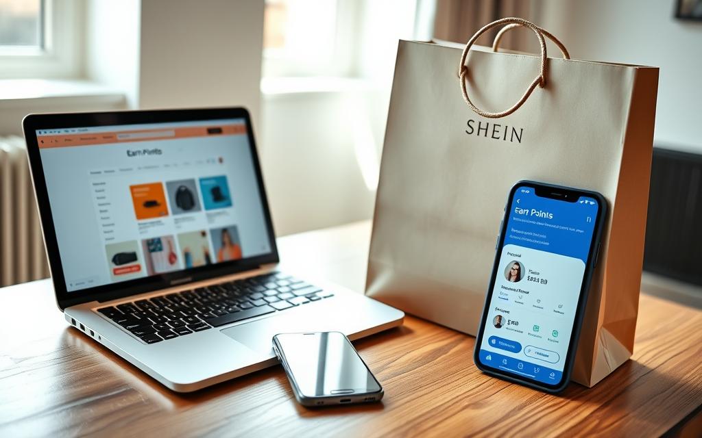 A modern, well-lit interior scene with a laptop, smartphone, and Shein shopping bag on a wooden table. The laptop screen displays the Shein mobile app, showcasing the "Earn Points" section. The smartphone screen shows a Shein account dashboard highlighting the user's earned points. The shopping bag is positioned prominently, suggesting the connection between earning points and saving on Shein orders. The overall atmosphere is clean, inviting, and focused on the digital tools and strategies for maximizing Shein points. A modern, well-lit interior scene with a laptop, smartphone, and Shein shopping bag on a wooden table. The laptop screen displays the Shein mobile app, showcasing the "Earn Points" section. The smartphone screen shows a Shein account dashboard highlighting the user's earned points. The shopping bag is positioned prominently, suggesting the connection between earning points and saving on Shein orders. The overall atmosphere is clean, inviting, and focused on the digital tools and strategies for maximizing Shein points.