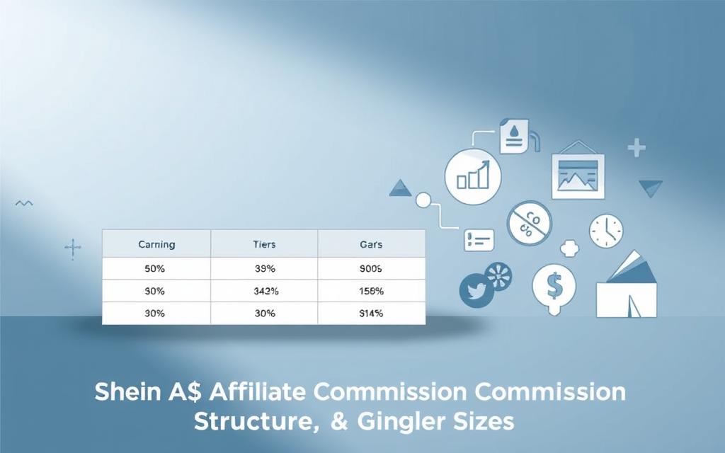 A sleek, modern infographic showcasing the Shein affiliate commission structure. In the foreground, a clean table lays out the different commission tiers, with percentages and earnings clearly displayed. In the middle ground, stylized icons and graphics represent the various facets of the Shein affiliate program. The background features a subtle, gradient-based pattern in shades of blue and gray, conveying a sense of professionalism and authority. The lighting is soft and evenly distributed, highlighting the key details without creating harsh shadows. The overall composition is balanced and visually appealing, making it an ideal illustration for the "Shein Affiliate Commission Structure and Earnings" section of the article.