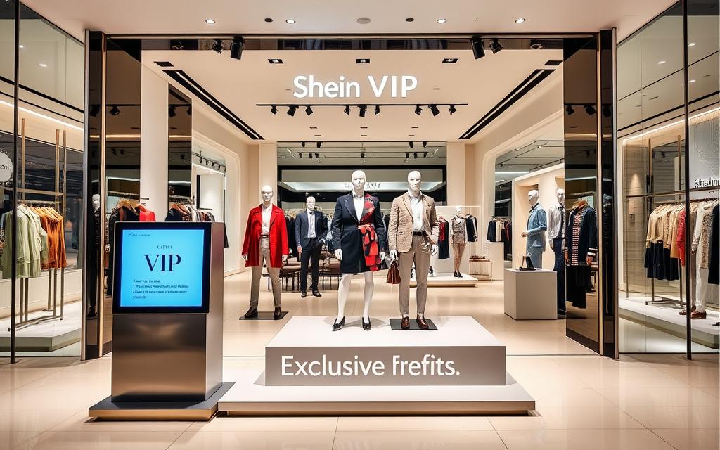 A stylish, modern storefront display showcasing the exclusive benefits and perks of the Shein VIP program. In the foreground, an elegant podium features digital screens highlighting the VIP membership tiers and their corresponding rewards, such as early access to new collections, exclusive discounts, and personalized style recommendations. The middle ground showcases well-dressed mannequins donning the latest Shein fashions, creating an aspirational atmosphere. The background depicts a sleek, minimalist interior with high ceilings, abundant natural light, and modern decor, conveying a sense of luxury and exclusivity. The overall scene evokes a high-end retail experience, enticing viewers to explore the Shein VIP program and its enticing benefits. A stylish, modern storefront display showcasing the exclusive benefits and perks of the Shein VIP program. In the foreground, an elegant podium features digital screens highlighting the VIP membership tiers and their corresponding rewards, such as early access to new collections, exclusive discounts, and personalized style recommendations. The middle ground showcases well-dressed mannequins donning the latest Shein fashions, creating an aspirational atmosphere. The background depicts a sleek, minimalist interior with high ceilings, abundant natural light, and modern decor, conveying a sense of luxury and exclusivity. The overall scene evokes a high-end retail experience, enticing viewers to explore the Shein VIP program and its enticing benefits.