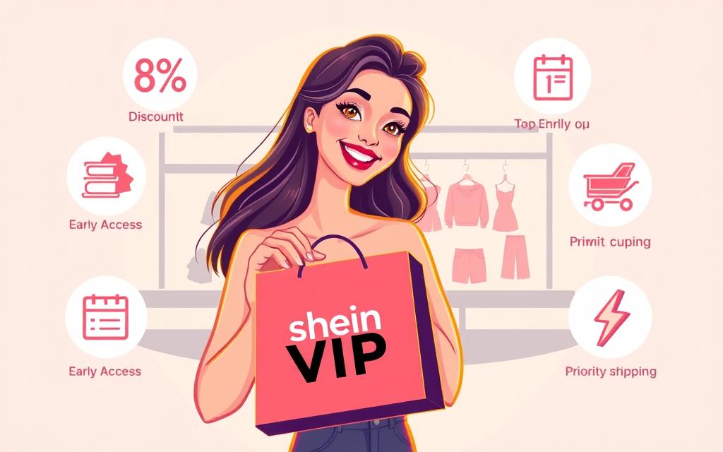 A vibrant and modern illustration showcasing the benefits of Shein VIP membership. In the foreground, a stylish young woman holds a Shein shopping bag, her face beaming with delight. Surrounding her are icons representing the key VIP perks - a percentage sign for discounts, a calendar for early access, and a lightning bolt for priority shipping. The middle ground features a sleek, minimalist product display, highlighting Shein's fashion-forward offerings. The background is a soft, gradient-based composition, evoking a sense of exclusivity and premium quality. Warm lighting casts a flattering glow, and the overall scene conveys a feeling of excitement and anticipation for the Shein VIP experience. A vibrant and modern illustration showcasing the benefits of Shein VIP membership. In the foreground, a stylish young woman holds a Shein shopping bag, her face beaming with delight. Surrounding her are icons representing the key VIP perks - a percentage sign for discounts, a calendar for early access, and a lightning bolt for priority shipping. The middle ground features a sleek, minimalist product display, highlighting Shein's fashion-forward offerings. The background is a soft, gradient-based composition, evoking a sense of exclusivity and premium quality. Warm lighting casts a flattering glow, and the overall scene conveys a feeling of excitement and anticipation for the Shein VIP experience.