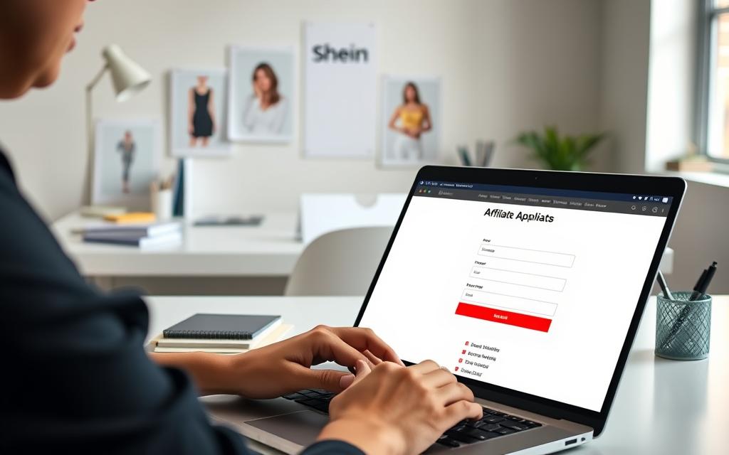 A well-lit, studio-style photograph showing the step-by-step process of filling out a Shein affiliate application form. In the foreground, a person's hands carefully typing on a laptop keyboard, with the application form displayed on the screen. In the middle ground, a selection of Shein product images and logos to convey the brand's aesthetic. The background features a clean, minimalist workspace with a desk, office supplies, and natural lighting from a window, creating a professional and aspirational atmosphere. The overall mood is one of focus, attention to detail, and the excitement of embarking on a new affiliate marketing opportunity.
