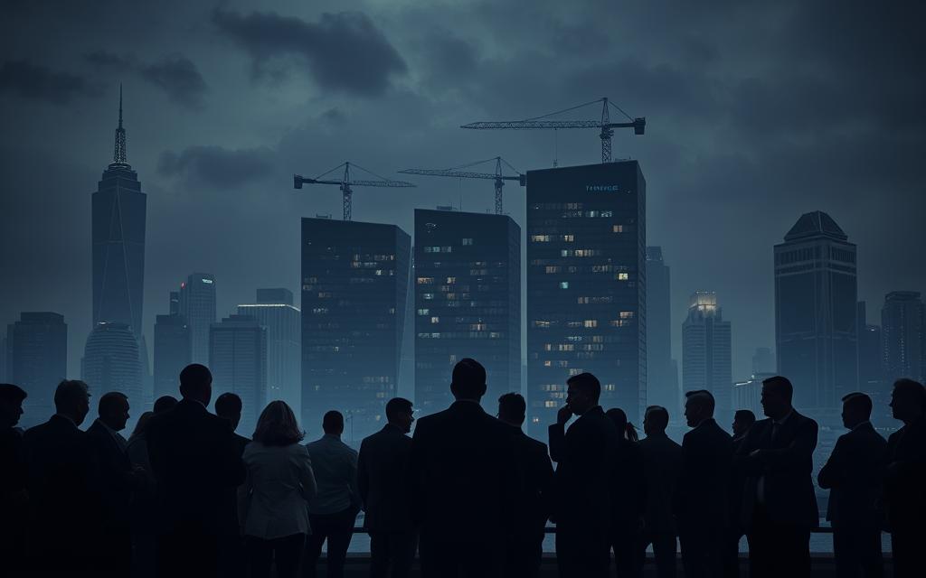 A dimly lit cityscape at night, with the silhouettes of skyscrapers and cranes against a cloudy sky. In the foreground, a group of people in business attire stand huddled and anxious, their expressions conveying a sense of uncertainty and unease. The lighting is harsh, casting deep shadows and highlighting the tension in the scene. In the middle ground, the facades of sleek, modern fintech office buildings appear to be in disrepair, windows dark and doors barred. The background is hazy, as if the city is shrouded in an atmosphere of economic downturn and instability. The overall mood is one of crisis, with the once-thriving fintech industry now facing an uncertain future.