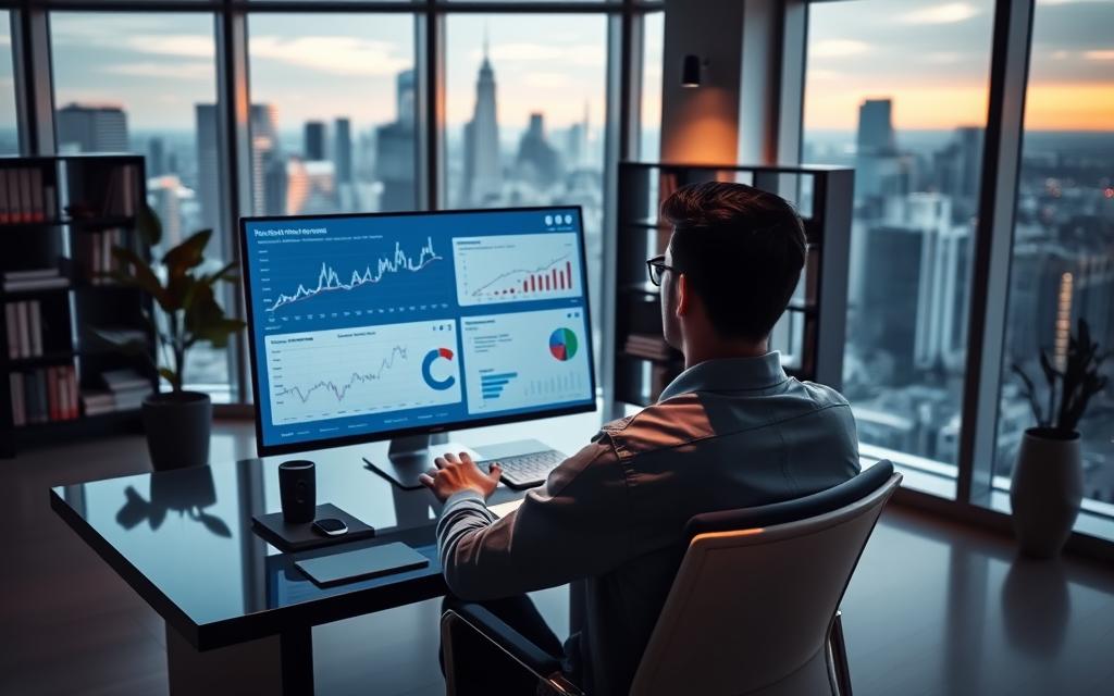 A modern office setting with sleek, minimalist furniture and large windows overlooking a bustling city skyline. In the foreground, a person sits at a desk, intently studying financial reports and charts displayed on a high-resolution touchscreen monitor. The lighting is soft and warm, creating a focused yet tranquil atmosphere. Behind the desk, shelves filled with financial publications and a potted plant add a touch of sophistication. The overall scene conveys the idea of personalized, data-driven financial management, where technology seamlessly integrates with human expertise to optimize financial well-being.