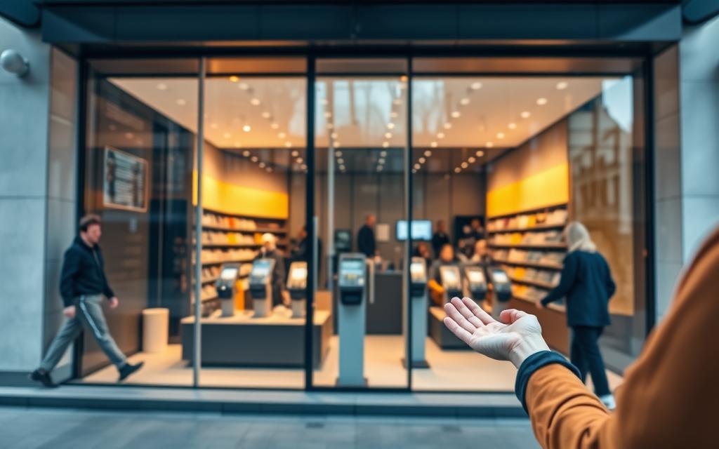 A modern retail storefront with a sleek, minimalist aesthetic. The facade is dominated by large glass windows, allowing passersby a clear view of the interior. A prominent display showcases various payment terminals, including contactless payment devices. The lighting is warm and inviting, creating a welcoming atmosphere. In the foreground, a customer is making a purchase, their hand hovering near the payment terminal, indicating the ease and convenience of the contactless payment experience. The overall scene conveys the seamless integration of this technology into the retail landscape, highlighting its impact on the customer experience and the potential benefits for businesses.