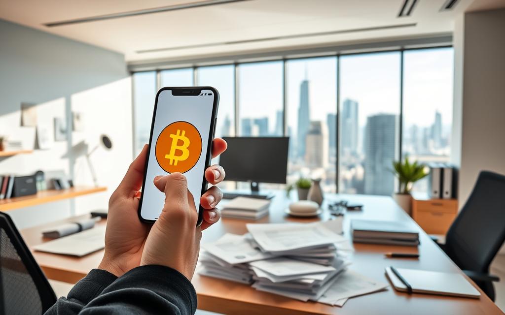 A modern, well-lit office setting with a desk, computer, and various office supplies. In the foreground, a person is using a smartphone to initiate a Bitcoin transaction, with a Bitcoin logo prominently displayed on the screen. The middle ground features a pile of bills and invoices, suggesting the person is paying their bills using Bitcoin. The background shows a large window overlooking a bustling city skyline, conveying a sense of progress and technological advancement. The overall scene has a sleek, professional, and futuristic atmosphere, capturing the ease and convenience of using Bitcoin for everyday financial transactions.