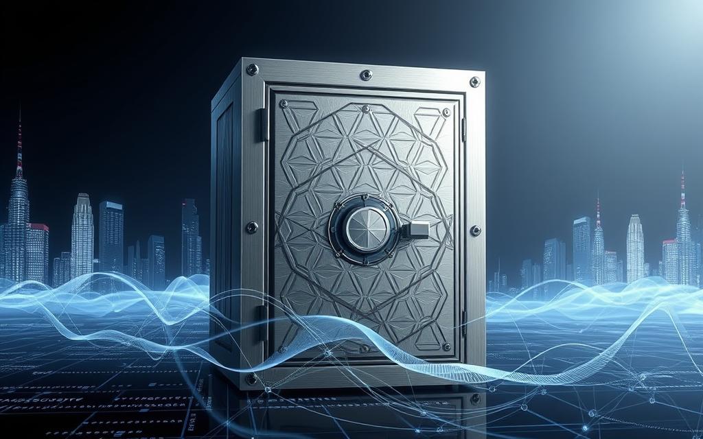 A secure data vault standing tall against a backdrop of a sleek, futuristic digital landscape. Soft, diffused lighting illuminates the vault's surface, which is composed of intricate, interlocking geometric patterns. The vault's exterior is crafted from a shimmering, impenetrable alloy, conveying a sense of unwavering protection. In the foreground, holographic data streams flow gracefully, highlighting the vault's role as a guardian of sensitive information. The scene exudes a sophisticated, high-tech atmosphere, emphasizing the importance of robust data security in the digital age. A secure data vault standing tall against a backdrop of a sleek, futuristic digital landscape. Soft, diffused lighting illuminates the vault's surface, which is composed of intricate, interlocking geometric patterns. The vault's exterior is crafted from a shimmering, impenetrable alloy, conveying a sense of unwavering protection. In the foreground, holographic data streams flow gracefully, highlighting the vault's role as a guardian of sensitive information. The scene exudes a sophisticated, high-tech atmosphere, emphasizing the importance of robust data security in the digital age.