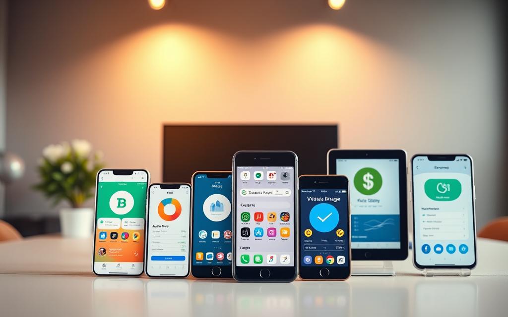 A sleek, modern office setting with a minimalist desktop showcasing a variety of finance-related mobile apps. The foreground features a stylized arrangement of smartphone and tablet devices, each displaying the app icons and interfaces of popular free money management tools. The middle ground includes a laptop or computer monitor, creating a layered composition. The background is a softly blurred, neutral-toned wall, lending a clean, professional atmosphere. Warm, natural lighting from a window or overhead source casts a gentle glow, highlighting the devices and creating subtle shadows. The overall mood is one of efficiency, organization, and accessible financial control. A sleek, modern office setting with a minimalist desktop showcasing a variety of finance-related mobile apps. The foreground features a stylized arrangement of smartphone and tablet devices, each displaying the app icons and interfaces of popular free money management tools. The middle ground includes a laptop or computer monitor, creating a layered composition. The background is a softly blurred, neutral-toned wall, lending a clean, professional atmosphere. Warm, natural lighting from a window or overhead source casts a gentle glow, highlighting the devices and creating subtle shadows. The overall mood is one of efficiency, organization, and accessible financial control.