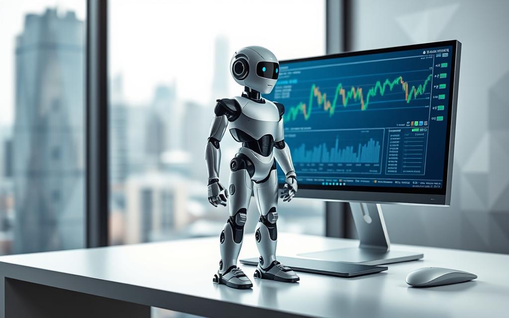 A sleek, modern robot standing on a minimalist desk, surrounded by financial charts and graphs displayed on a high-resolution monitor. The robot is comprised of clean lines and polished metal, conveying a sense of precision and efficiency. Soft, directional lighting illuminates the scene, casting subtle shadows that accentuate the robot's form. In the background, a blurred cityscape or abstract geometric patterns create a professional, technology-driven atmosphere. The overall composition suggests an intelligent, automated investment solution tailored to the user's financial needs.