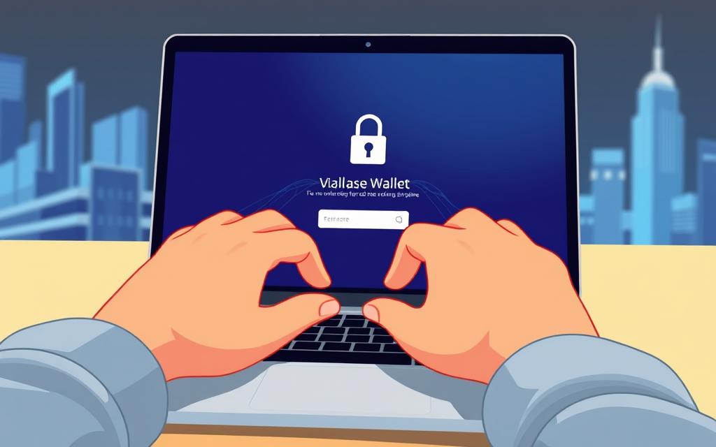 A stylized illustration of a person creating a digital wallet on a laptop. The foreground shows the user's hands interacting with the laptop interface, with a focus on the wallet creation process. The middle ground features a sleek, minimalist digital wallet design taking shape on the laptop screen, with a secure lock icon and clean typography. The background depicts a futuristic cityscape or abstract digital landscape, conveying a sense of technology and innovation. The lighting is soft and diffused, creating a warm, inviting atmosphere. The overall scene evokes a sense of ease and confidence in the process of setting up a digital wallet. A stylized illustration of a person creating a digital wallet on a laptop. The foreground shows the user's hands interacting with the laptop interface, with a focus on the wallet creation process. The middle ground features a sleek, minimalist digital wallet design taking shape on the laptop screen, with a secure lock icon and clean typography. The background depicts a futuristic cityscape or abstract digital landscape, conveying a sense of technology and innovation. The lighting is soft and diffused, creating a warm, inviting atmosphere. The overall scene evokes a sense of ease and confidence in the process of setting up a digital wallet.