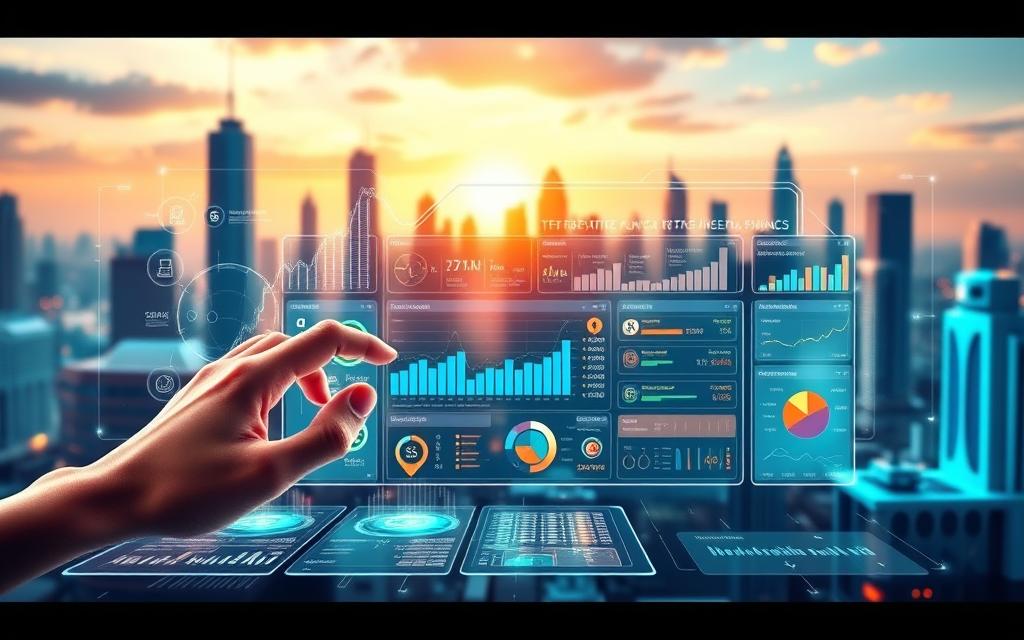 A vibrant and futuristic digital finance hub, with a sleek and intuitive interface showcasing a range of interactive financial tools and services. The foreground features a holographic display of various financial data and analytics, with seamless gesture-based interactions. The middle ground depicts a dynamic and customizable dashboard, allowing users to manage their accounts, investments, and transactions in a centralized manner. The background showcases a futuristic cityscape, hinting at the integration of this super app into the fabric of a smart, connected urban environment. The overall scene conveys a sense of technological sophistication, efficiency, and the seamless convergence of finance and technology, reflecting the future of financial super apps.