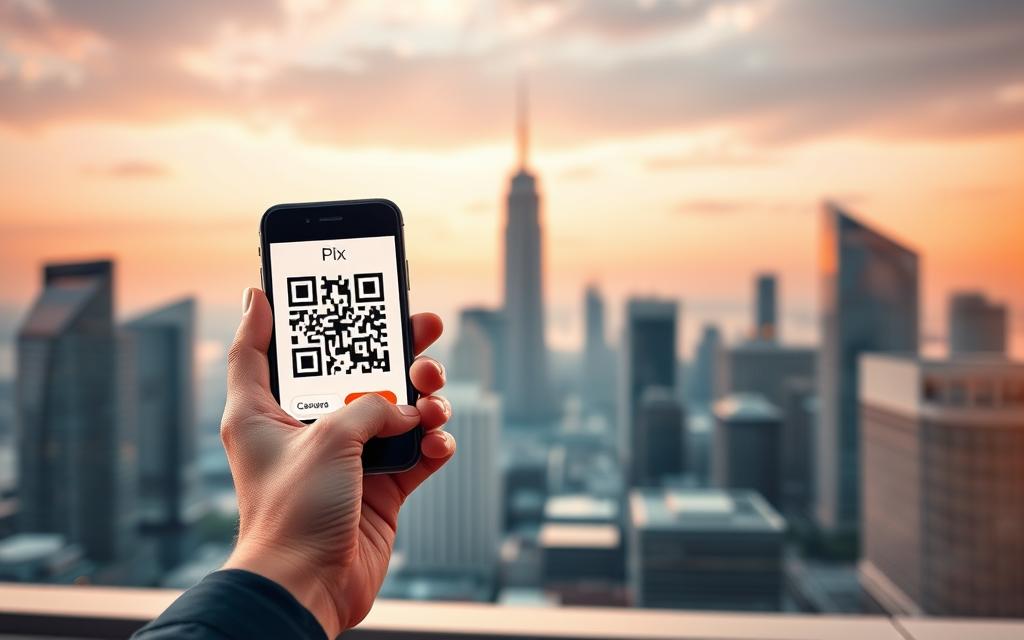 A vibrant and secure Pix transaction unfolding against a backdrop of a modern financial landscape. In the foreground, a mobile device displays the Pix QR code, its clean, minimalist design exuding a sense of trustworthiness. The user's hands, carefully positioned, convey a deliberate and confident interaction. In the middle ground, a sleek, high-tech banking interface showcases the Pix transfer process, with intuitive icons and a serene color palette. The background features a city skyline, its towering buildings and futuristic architecture symbolizing the cutting-edge technology that powers the Pix system. Warm, diffused lighting casts a reassuring glow, creating an atmosphere of safety and reliability.