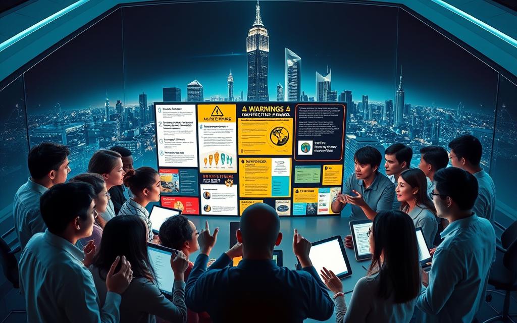 A vibrant online community gathered around a central hub, discussing the latest digital financial scams and sharing protective strategies. In the foreground, diverse individuals gesticulate animatedly, their faces lit by the glow of their screens. The middle ground features a collage of cautionary warnings, infographics, and real-world examples, all meticulously curated. The background depicts a sleek, futuristic cityscape, hinting at the sophisticated nature of modern fraud. The scene is bathed in a cool, clinical lighting, conveying a sense of vigilance and urgency. The overall atmosphere evokes a collective determination to safeguard oneself and others from the ever-evolving landscape of digital financial deception.