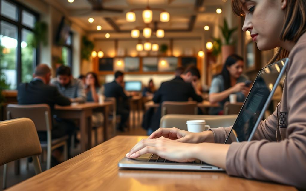 A well-lit public cafe interior, with a person seated at a table using a laptop, surrounded by other patrons. The foreground shows the person's hands on the keyboard, focusing on security practices like using a VPN or being wary of shoulder surfing. The middle ground depicts the cafe's ambiance, with patrons using their devices discretely. The background showcases the cafe's decor, with warm lighting and natural elements like potted plants. The overall mood is one of caution and awareness, conveying the need for digital security when using public WiFi networks. A well-lit public cafe interior, with a person seated at a table using a laptop, surrounded by other patrons. The foreground shows the person's hands on the keyboard, focusing on security practices like using a VPN or being wary of shoulder surfing. The middle ground depicts the cafe's ambiance, with patrons using their devices discretely. The background showcases the cafe's decor, with warm lighting and natural elements like potted plants. The overall mood is one of caution and awareness, conveying the need for digital security when using public WiFi networks.