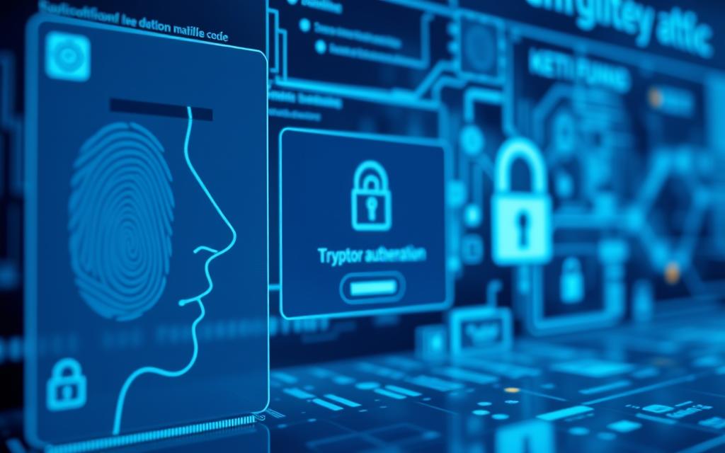An ultra-high-resolution close-up of a sleek, modern digital banking interface, showcasing state-of-the-art security features. The foreground features a fingerprint scanner and facial recognition system, seamlessly integrated into a clean, minimalist design. The middle ground displays a two-factor authentication prompt, emphasizing the importance of multi-layered security. In the background, a series of cryptographic keys and encrypted data streams convey the robust, impenetrable nature of the digital banking platform. The scene is bathed in a cool, blue-toned lighting, conveying a sense of trust, reliability, and technological sophistication. An ultra-high-resolution close-up of a sleek, modern digital banking interface, showcasing state-of-the-art security features. The foreground features a fingerprint scanner and facial recognition system, seamlessly integrated into a clean, minimalist design. The middle ground displays a two-factor authentication prompt, emphasizing the importance of multi-layered security. In the background, a series of cryptographic keys and encrypted data streams convey the robust, impenetrable nature of the digital banking platform. The scene is bathed in a cool, blue-toned lighting, conveying a sense of trust, reliability, and technological sophistication.