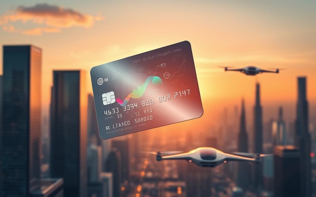 Futuro cartões cashback: a sleek, technologically-advanced vision of the next generation of cashback credit cards. A metallic, minimalist card hovers in the foreground, its surface reflecting a kaleidoscope of data visualizations - colorful graphs, charts, and statistics that illustrate the powerful insights derived from the card's intelligent cashback algorithms. In the middle ground, a futuristic cityscape stretches out, with towering skyscrapers and sleek, hover-enabled vehicles gliding silently through the air. The sky is tinted with a warm, golden glow, creating a sense of optimism and progress. The overall mood is one of innovation, efficiency, and a seamless integration of finance and technology.