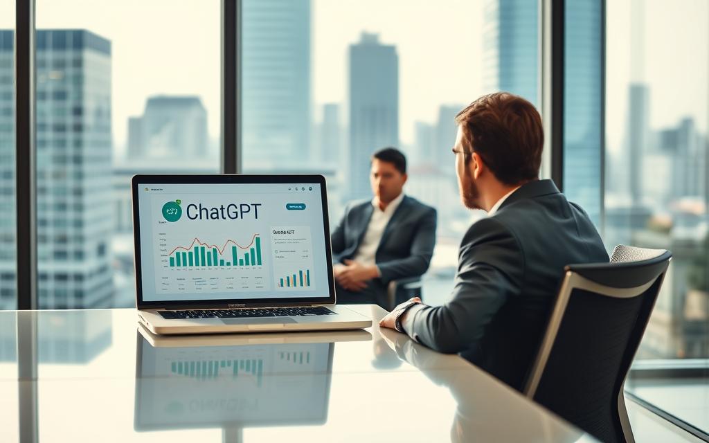 Prompt A glass-walled office setting, with a desk and chair in the foreground, displaying a laptop screen featuring the ChatGPT logo and financial charts. In the middle ground, a male office worker in a suit is seated, deep in contemplation. The background showcases a cityscape view through the windows, conveying a sense of urban financial hub. The lighting is warm and natural, creating a professional, yet thoughtful atmosphere. The scene evokes the idea of utilizing ChatGPT to manage financial matters, such as debt, as the focal point of the composition.